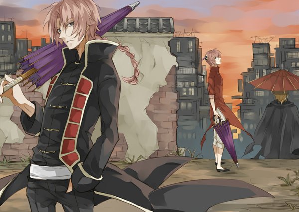 Anime picture 1095x779 with gintama sunrise (studio) kagura (gintama) kamui (gintama) abuto sekito yone yone (kaguudou) long hair blue eyes blonde hair red hair braid (braids) profile wind from behind hair bun (hair buns) back city chinese clothes cityscape