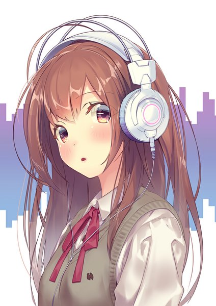 Anime picture 707x1000 with original kinugasa yuuichi single long hair tall image looking at viewer blush fringe brown hair yellow eyes parted lips portrait girl uniform school uniform headphones vest wire (wires)