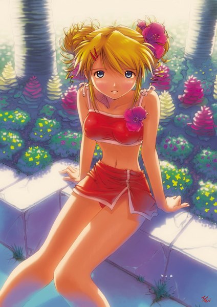 Anime picture 1240x1754 with neon genesis evangelion gainax soryu asuka langley kobayashi yuji single tall image looking at viewer short hair blue eyes light erotic blonde hair sitting twintails hair flower sunlight midriff hair bun (hair buns) short twintails summer girl