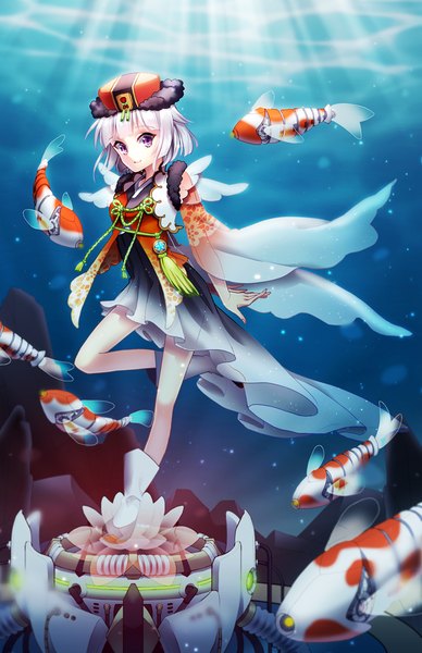 Anime picture 650x1004 with original saban single tall image looking at viewer short hair purple eyes white hair underwater girl dress hat fish (fishes)