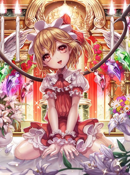 Anime picture 1300x1739 with touhou flandre scarlet bbbox (hotpppink) single tall image looking at viewer fringe short hair open mouth blonde hair smile red eyes sitting head tilt fingernails short sleeves one side up wariza girl dress
