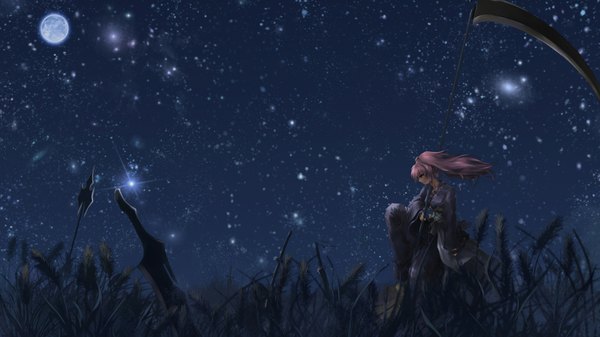 Anime picture 1920x1080 with touhou onozuka komachi long hair highres red eyes wide image pink hair sky ponytail night night sky scenic girl weapon plant (plants) moon star (stars) grass scythe