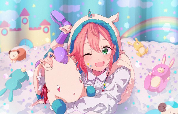 Anime picture 1700x1093 with ensemble stars! himemiya touri najuco (naju0517) single fringe open mouth hair between eyes holding green eyes pink hair :d animal hood boy shirt boots white shirt star (symbol) hood toy stuffed toy