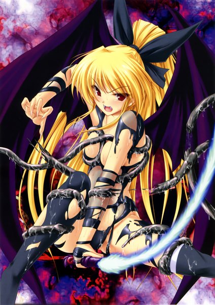 Anime picture 2240x3173 with tenmaso single long hair tall image blush highres open mouth blonde hair red eyes teeth fang (fangs) girl wings tentacles