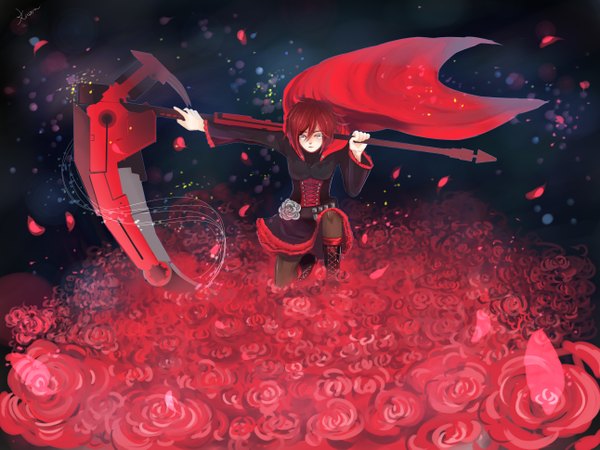 Anime picture 2584x1938 with rwby rooster teeth ruby rose kaoru (pixiv) single highres short hair breasts holding red hair lacing girl dress flower (flowers) weapon petals pantyhose boots rose (roses) mantle