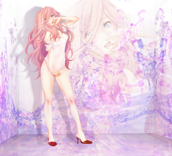 Anime picture 1900x1730 with vocaloid megurine luka masami chie single long hair highres breasts open mouth blue eyes light erotic bare shoulders pink hair cleavage bare legs girl
