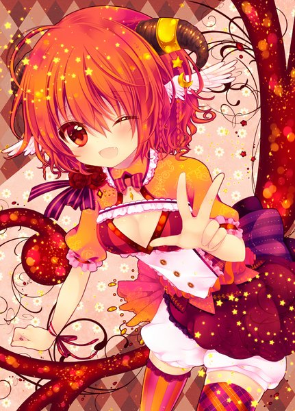 Anime picture 794x1104 with original konno kengo single tall image blush short hair open mouth smile ahoge one eye closed horn (horns) wink orange hair orange eyes victory head wings girl thighhighs dress wings