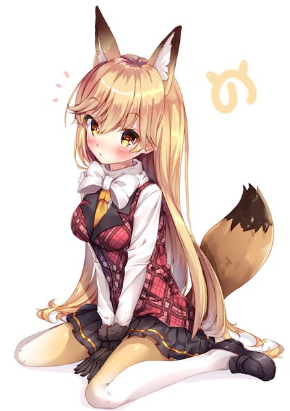 Anime picture 707x1000 with kemono friends ezo red fox (kemono friends) shiero. single long hair tall image looking at viewer blush fringe blonde hair simple background hair between eyes white background sitting animal ears yellow eyes tail animal tail pleated skirt :o