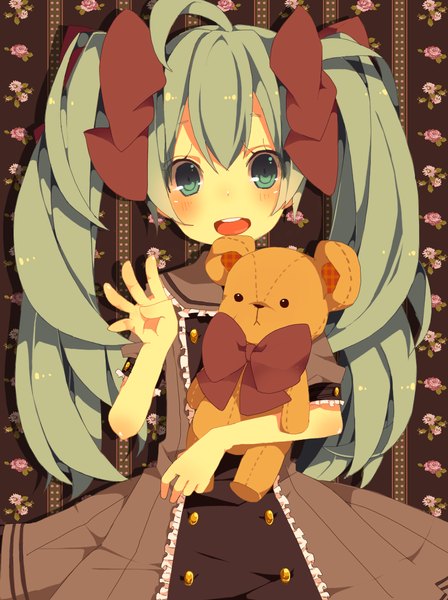 Anime picture 882x1181 with vocaloid hatsune miku utaoka (23com) single tall image looking at viewer blush fringe open mouth standing twintails aqua eyes aqua hair alternate costume happy alternate age girl dress hair ornament bow