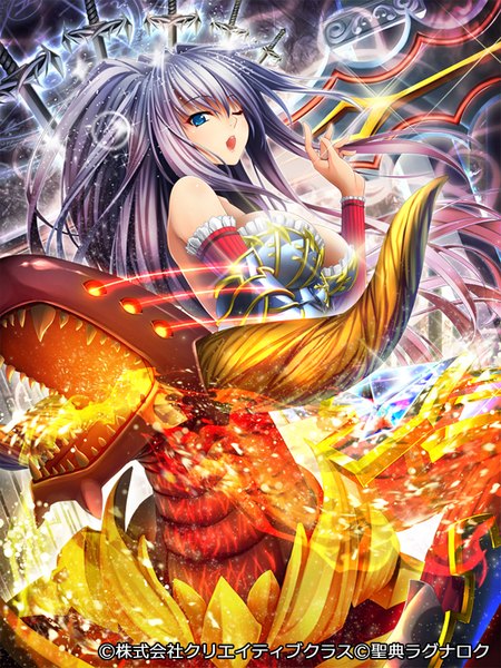 Anime picture 600x800 with seiten ragnarok pochadon single long hair tall image open mouth blue eyes silver hair one eye closed fantasy girl dress weapon sword dragon