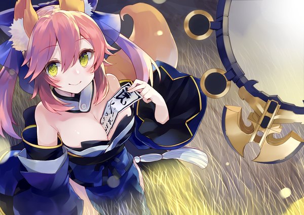 Anime picture 1500x1066 with fate (series) fate/extra tamamo (fate) (all) tamamo no mae (fate) kou mashiro single long hair looking at viewer blush breasts light erotic smile large breasts twintails bare shoulders animal ears yellow eyes pink hair cleavage tail
