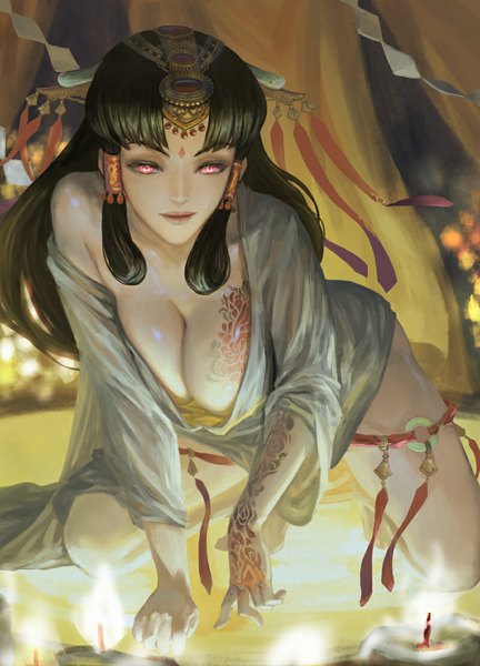 Anime picture 800x1111 with original xiaji single long hair tall image breasts light erotic black hair pink eyes light smile tattoo on all fours girl candle (candles)