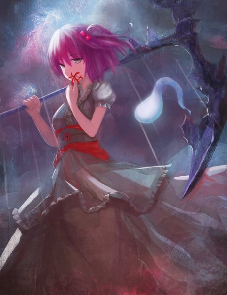 Anime picture 2000x2600 with touhou onozuka komachi magician (china) single tall image looking at viewer fringe highres short hair standing holding pink hair from below grey eyes one side up rain girl dress hair ornament flower (flowers)