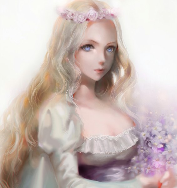 Anime picture 1000x1061 with original juexing (moemoe3345) single long hair tall image looking at viewer blue eyes simple background blonde hair white background upper body portrait girl dress flower (flowers) wreath