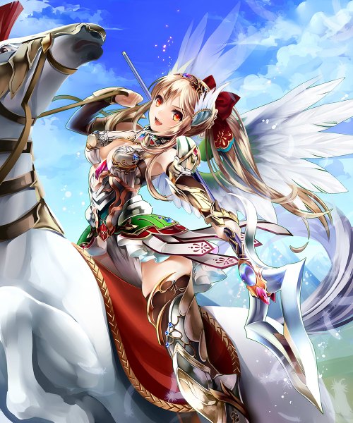 Anime picture 1000x1200 with original toi (4089597) single long hair tall image blonde hair yellow eyes sky cloud (clouds) ponytail girl gloves hair ornament bow weapon animal wings armor spear horse