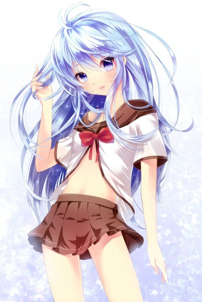 Anime picture 671x1000 with denpa onna to seishun otoko shaft (studio) touwa erio yume (meru) single long hair tall image looking at viewer blush blue eyes blue hair midriff loli girl skirt navel uniform school uniform