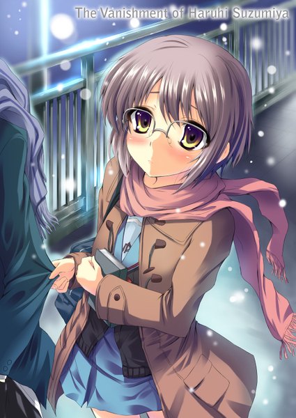 Anime picture 1062x1500 with suzumiya haruhi no yuutsu kyoto animation nagato yuki kamishiro ryuu single tall image short hair yellow eyes from above grey hair snowing winter girl uniform school uniform glasses jacket scarf