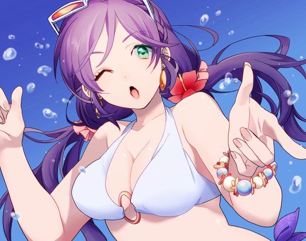 Anime picture 1523x1200 with love live! school idol project sunrise (studio) love live! toujou nozomi mihatarou single long hair breasts open mouth light erotic large breasts green eyes purple hair one eye closed hair flower wink blue background underwater sunglasses on head pointing