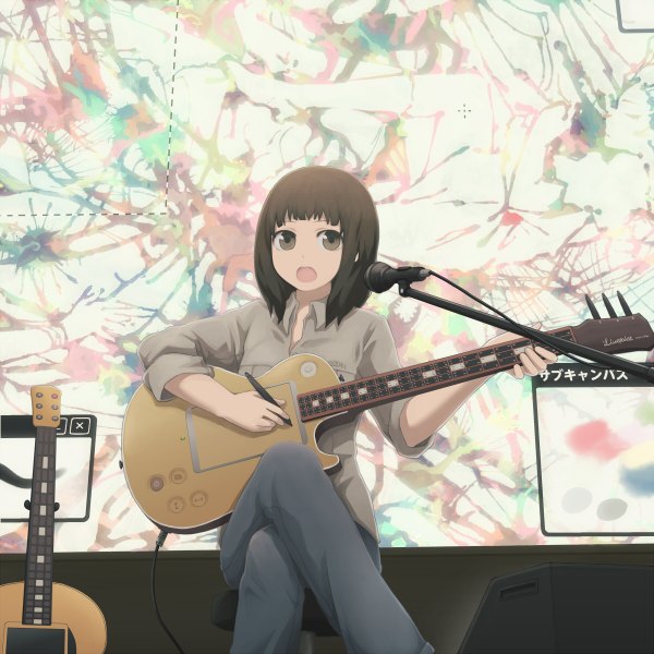 Anime picture 1200x1200 with original yajirushi (chanoma) single fringe short hair open mouth brown hair sitting holding brown eyes crossed legs singing girl shirt pants microphone guitar microphone stand grey shirt