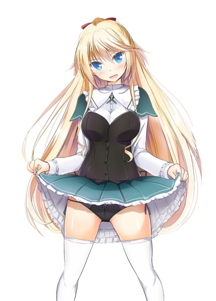 Anime picture 649x906 with absolute duo 8bit lilith bristol hako roku single long hair tall image blush fringe breasts open mouth light erotic simple background blonde hair large breasts standing grey background skirt lift girl thighhighs
