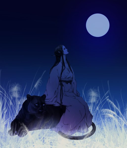 Anime picture 2000x2334 with auau single long hair tall image highres black hair sitting sky traditional clothes japanese clothes profile night monochrome girl animal kimono moon full moon panther