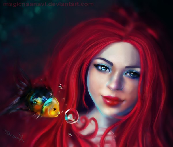 Anime picture 1000x853 with the little mermaid disney ariel magicnaanavi single long hair looking at viewer blue eyes smile signed red hair lipstick underwater eyeshadow girl bubble (bubbles) fish (fishes)