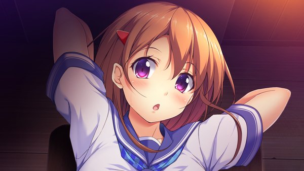 Anime picture 1280x720 with tsukue otome looking at viewer blush short hair open mouth brown hair wide image purple eyes game cg girl uniform school uniform