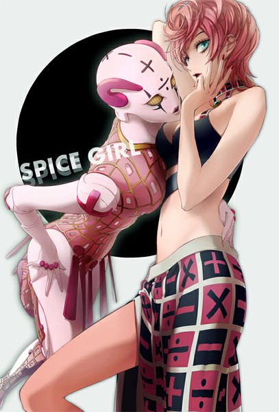 Anime picture 570x840 with jojo no kimyou na bouken trish una spice girl (stand) joka (night gate) tall image looking at viewer short hair light erotic multiple girls yellow eyes pink hair nail polish aqua eyes bare belly character names hand on hip hug arm behind head hand on cheek stand (jojo)