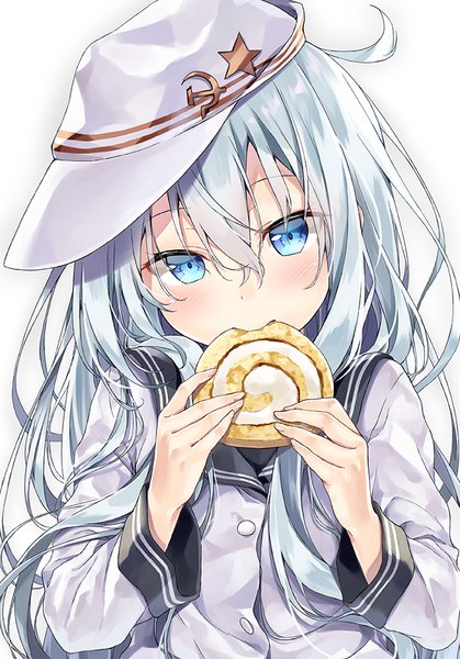 Anime picture 670x959 with kantai collection hibiki destroyer verniy destroyer kakao rantan single long hair tall image looking at viewer blush fringe blue eyes simple background hair between eyes white background silver hair upper body ahoge head tilt eating cute