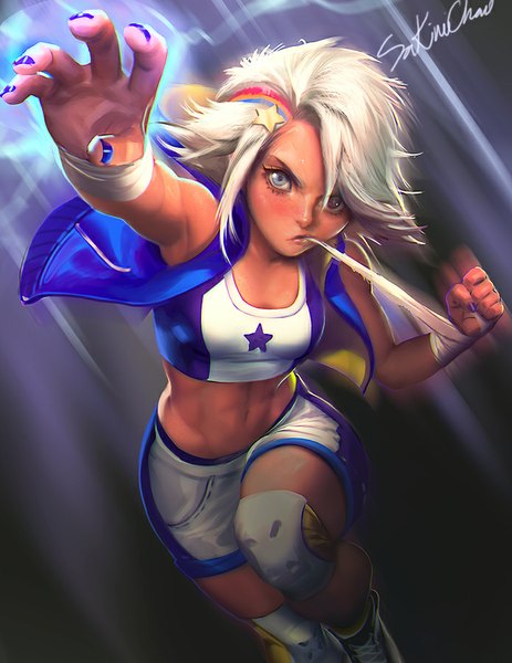 Anime picture 695x900 with sakimichan single tall image looking at viewer short hair breasts blue eyes holding signed bent knee (knees) white hair nail polish fingernails lips realistic from below armpit (armpits) midriff mouth hold muscle
