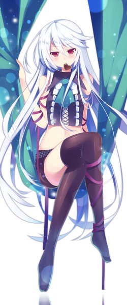 Anime picture 700x1680 with original mishima kurone single long hair tall image looking at viewer blush red eyes sitting white hair crossed legs valentine girl thighhighs ribbon (ribbons) black thighhighs