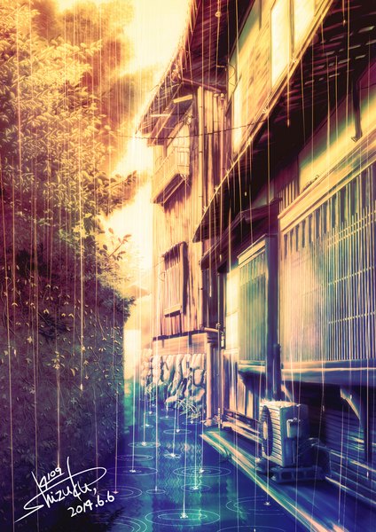 Anime picture 800x1132 with original araki takashi tall image sunlight rain no people street plant (plants) tree (trees) window leaf (leaves) building (buildings) water drop fence puddle