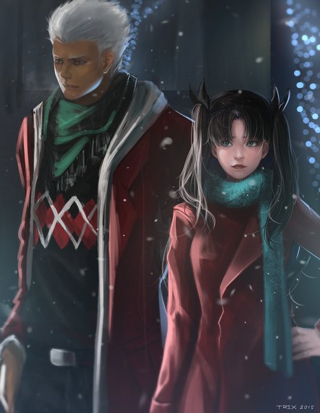 Anime picture 1200x1547 with fate (series) fate/stay night type-moon toosaka rin archer (fate) trx tall image blue eyes brown hair twintails brown eyes signed looking away white hair open jacket hand on hip snowing winter girl boy