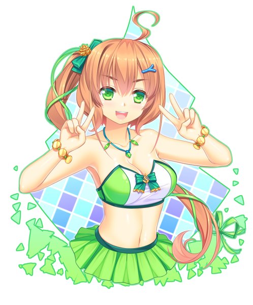 Anime picture 1329x1600 with original 33paradox single long hair tall image looking at viewer open mouth brown hair green eyes ahoge midriff side ponytail girl navel bow hair bow