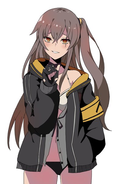 Anime picture 1000x1575 with girls frontline ump45 (girls frontline) ururu single long hair tall image looking at viewer blush light erotic simple background brown hair white background brown eyes parted lips head tilt off shoulder open jacket one side up scar hand in pocket