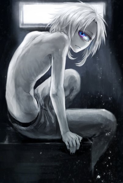 Anime picture 871x1300 with original uraki (tetsu420) single tall image looking at viewer short hair simple background sitting nail polish looking back grey hair black background monochrome crying multicolored eyes sad spot color shirtless boy window