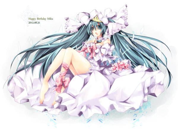 Anime picture 2200x1600 with vocaloid hatsune miku akina rei single highres simple background twintails very long hair barefoot aqua eyes aqua hair legs dated happy birthday girl dress ribbon (ribbons) frills