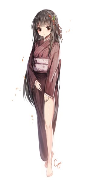 Anime picture 489x934 with original sorolp single long hair tall image looking at viewer blush black hair simple background white background brown eyes signed traditional clothes japanese clothes barefoot bare legs girl hair ornament petals obi