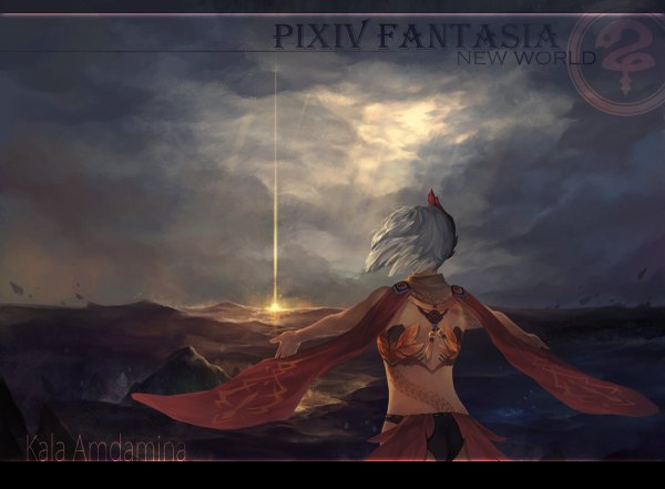 Anime picture 1200x883 with original pixiv fantasia pixiv pixiv fantasia new world onisakiyoruka single short hair cloud (clouds) grey hair from behind sunlight back mountain girl fire