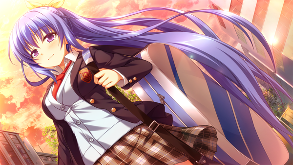 Anime picture 1280x720 with dekinai watashi ga, kurikaesu. akabei soft3 single long hair wide image purple eyes blue hair game cg ponytail girl skirt uniform school uniform