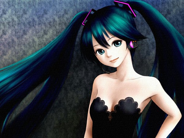 Anime picture 1024x768 with vocaloid hatsune miku erurodo (artist) single long hair looking at viewer blue eyes smile twintails bare shoulders cleavage aqua eyes aqua hair wallpaper girl headphones microphone