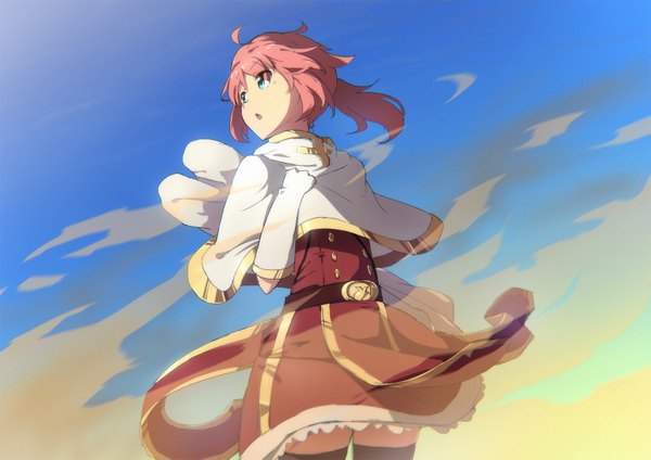 Anime picture 1671x1181 with original pixiv fantasia pixiv fantasia t tomato (lsj44867) single long hair fringe open mouth blue eyes looking away pink hair sky sunlight from below fog girl thighhighs gloves black thighhighs belt
