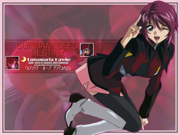 Anime picture 1024x768 with mobile suit gundam gundam seed destiny sunrise (studio) lunamaria hawke looking at viewer short hair open mouth pink hair one eye closed wink wallpaper framed girl thighhighs uniform black thighhighs thigh boots military uniform