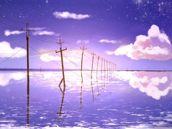 Anime picture 1024x768 with original huhv. sky cloud (clouds) reflection flying no people shiny animal water bird (birds) wire (wires) power lines