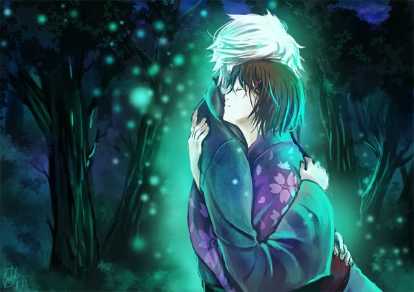 Anime picture 1000x707 with hotarubi no mori e gin (hotarubi no mori e) takegawa hotaru miyuli short hair smile brown hair sky white hair eyes closed traditional clothes japanese clothes light smile night night sky couple hug girl boy hair ornament