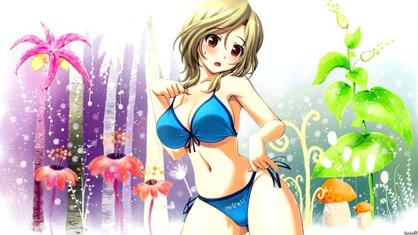 Anime picture 1920x1080 with dream c club futaba riho tagme (artist) single blush highres short hair open mouth light erotic blonde hair wide image purple eyes bare shoulders brown eyes heterochromia third-party edit girl navel swimsuit bikini