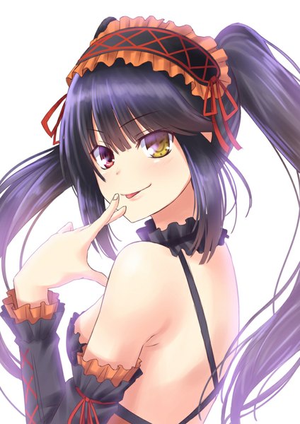 Anime picture 700x990 with date a live tokisaki kurumi ese shinshi long hair tall image looking at viewer black hair smile white background twintails heterochromia finger to mouth girl dress frills