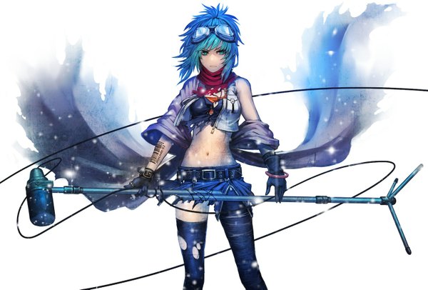 Anime picture 1500x1015 with vocaloid gumi single fringe short hair breasts standing holding aqua eyes off shoulder midriff tattoo heterochromia torn clothes glowing goggles on head girl thighhighs skirt gloves