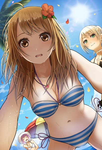 Anime picture 722x1052 with original kentaurosu long hair tall image looking at viewer blush fringe short hair breasts open mouth light erotic blonde hair smile brown hair bare shoulders multiple girls brown eyes green eyes pink hair sky