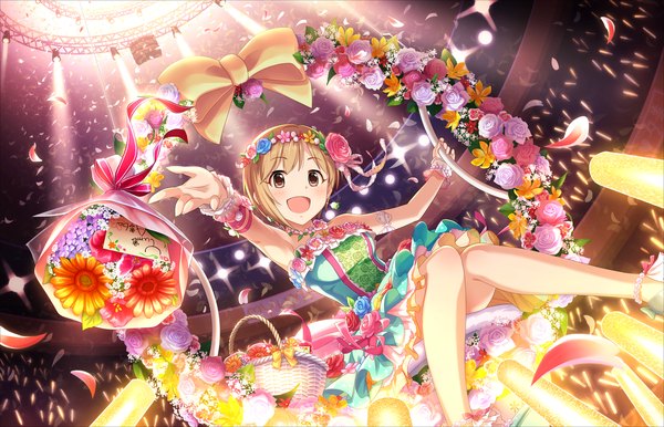 Anime picture 1280x824 with idolmaster idolmaster cinderella girls aiba yumi single looking at viewer blush short hair open mouth brown hair brown eyes girl dress flower (flowers) bow petals bracelet scene